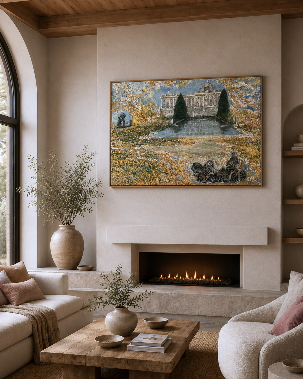 Neutral-toned Mediterranean living room decor, contemporary blue wall art; atmospheric landscape, dreamy landscape art; impasto art