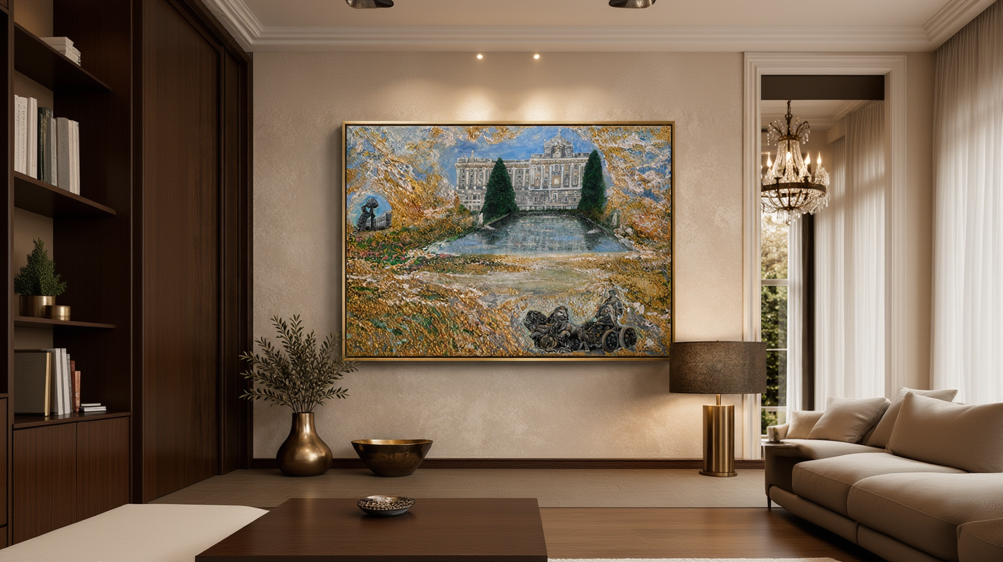 As a large statement artwork, Golden Mystical Madrid is designed to define a room. Its glowing architectural forms, dramatic contrast and layered gold accents make it suitable for refined living spaces, boutique interiors, executive lounges, luxury apartments and collector-led home