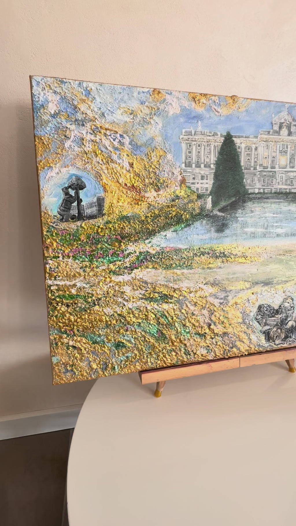 Golden Mystical Madrid by Nikoletta Ven, a luxury wall art painting with golden impasto texture, Madrid architectural inspiration and contemporary textured expressionist style.